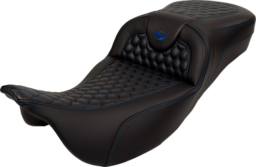 RoadSofa™ Seat - Honeycomb - Blue Stitch - Extended Reach - without Backrest - FLH/FLT '08-'24